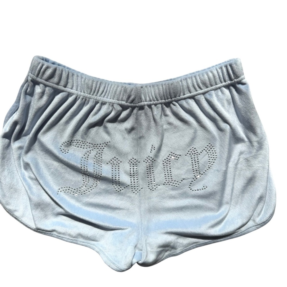 Juicy Couture Y2K Rhinestone Logo Womens Sleep Shorts Light Blue Velour